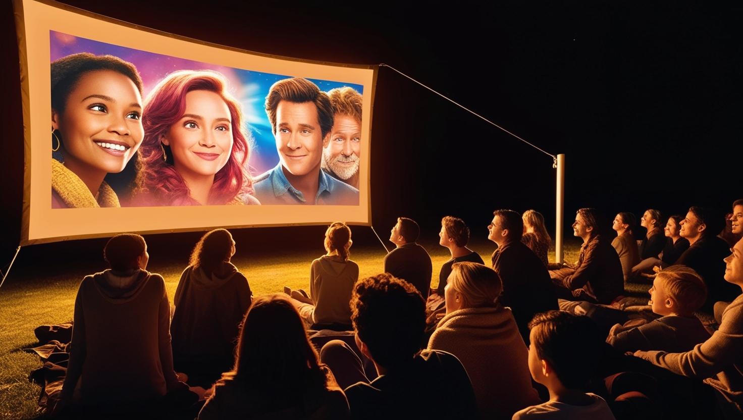 geef me nu een mooie warme afbeelding met een projectiescherm buiten met een film op in een donkere setting met mooie kleuren op het projectischerm met mensen die kijken naar het scherm.jpg__PID:9a2bf06a-a1be-4398-a881-b23fbcf823a3